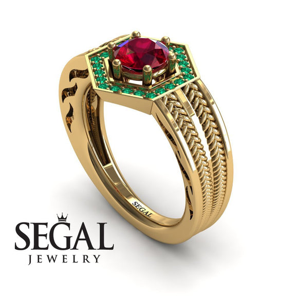 Unique Engagement Ring 14K Yellow Gold Vintage Art Deco Edwardian FiligreeRuby With Green Emerald 