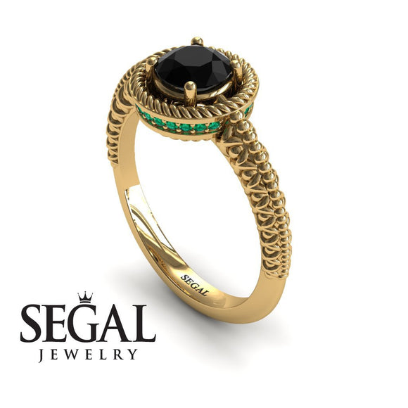 Unique Engagement Ring 14K Yellow Gold Vintage Art Deco Victorian Edwardian FiligreeBlack Diamond With Green Emerald 