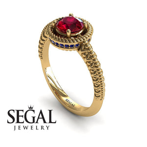 Unique Engagement Ring 14K Yellow Gold Vintage Art Deco Victorian Edwardian FiligreeRuby With Sapphire 