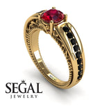 Unique Engagement Ring 14K Yellow Gold Vintage Art Deco Victorian Edwardian Ruby With Black Diamond 