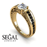 Unique Engagement Ring 14K Yellow Gold Vintage Art Deco Victorian Edwardian Diamond With Black Diamond 