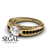 Unique Engagement Ring 14K Yellow Gold Vintage Art Deco Victorian Edwardian Diamond With Black Diamond 