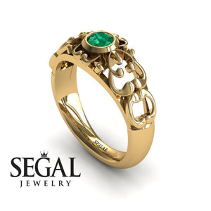 Unique Engagement Ring 14K Yellow Gold Vintage FiligreeGreen Emerald 