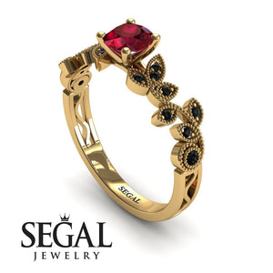 Unique Engagement Ring 14K Yellow Gold Vintage Ruby With Black Diamond 