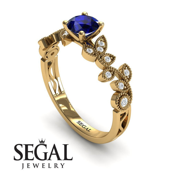 Unique Engagement Ring 14K Yellow Gold Vintage Sapphire With Diamond 