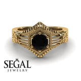 Unique Engagement Ring 14K Yellow Gold Vintage Victorian Edwardian FiligreeBlack Diamond 