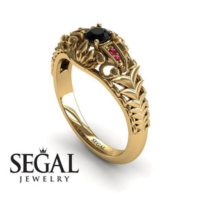 Unique Engagement Ring 14K Yellow Gold Vintage Victorian Edwardian FiligreeBlack Diamond With Ruby 