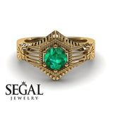 Unique Engagement Ring 14K Yellow Gold Vintage Victorian Edwardian FiligreeGreen Emerald 