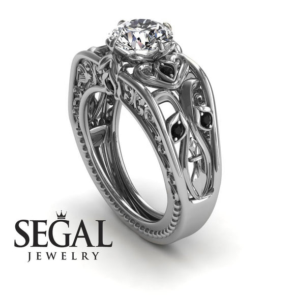Unique Engagement Ring Diamond ring 14K White Gold Art Deco FiligreeDiamond With Black Diamond 