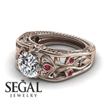 Unique Engagement Ring Diamond ring 14K Rose Gold Art Deco FiligreeDiamond With Ruby 