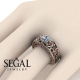 Unique Engagement Ring Diamond ring 14K Rose Gold Art Deco FiligreeDiamond With Ruby 