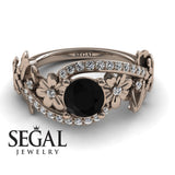 Unique Engagement Ring Diamond ring 14K Rose Gold Floral And Leafs Black Diamond With Diamond 