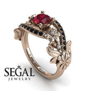 Unique Engagement Ring Diamond ring 14K Rose Gold Floral And Leafs Ruby With Diamond And Black Diamond 