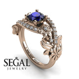 Unique Engagement Ring Diamond ring 14K Rose Gold Floral And Leafs Sapphire With Diamond 
