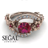 Unique Engagement Ring Diamond ring 14K Rose Gold Floral And Leafs Vintage Ruby With Diamond 