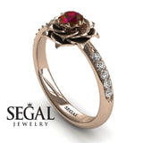 Unique Engagement Ring Diamond ring 14K Rose Gold Flower Vintage Antique Ruby With Ruby 