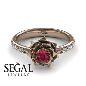 Unique Engagement Ring Diamond ring 14K Rose Gold Flower Vintage Antique Ruby With Ruby 