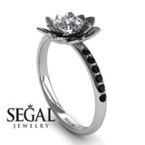 Unique Engagement Ring Diamond ring 14K White Gold Flower Diamond With Black Diamond 