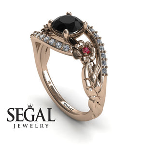 Unique Engagement Ring Diamond ring 14K Rose Gold Flowers And Leafs Black Diamond With Ruby And White diamond 