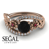 Unique Engagement Ring Diamond ring 14K Rose Gold Flowers And Leafs Black Diamond With Ruby And White diamond 