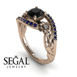 Unique Engagement Ring Diamond ring 14K Rose Gold Flowers And Leafs Black Diamond With Diamond And Sapphire 