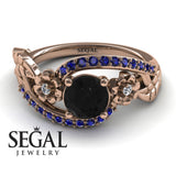 Unique Engagement Ring Diamond ring 14K Rose Gold Flowers And Leafs Black Diamond With Diamond And Sapphire 