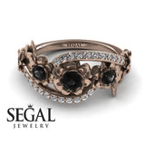 Unique Engagement Ring Diamond ring 14K Rose Gold Flowers And Leafs Black Diamond With Diamond 