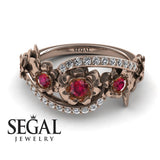 Unique Engagement Ring Diamond ring 14K Rose Gold Flowers And Leafs Ruby With Diamond 
