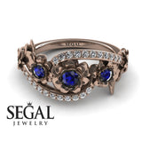 Unique Engagement Ring Diamond ring 14K Rose Gold Flowers And Leafs Sapphire With Diamond 
