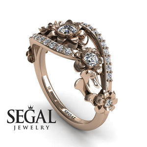 Unique Engagement Ring Diamond ring 14K Rose Gold Flowers And Leafs Diamond 
