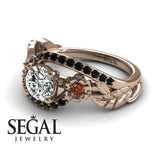 Unique Engagement Ring Diamond ring 14K Rose Gold Flowers And Leafs Diamond With Ruby And Black Diamond 