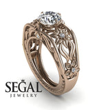 Unique Engagement Ring Diamond ring 14K Rose Gold Flowers Leafs Vintage Art Deco Diamond 