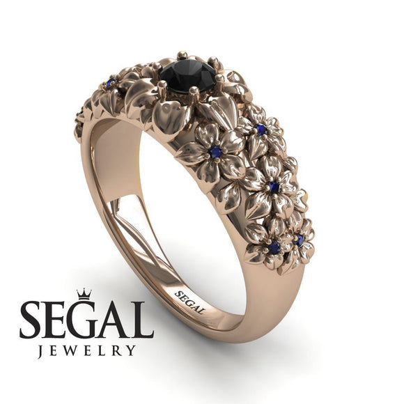 Unique Engagement Ring Diamond ring 14K Rose Gold Flowers Vintage Antique Black Diamond With Sapphire 