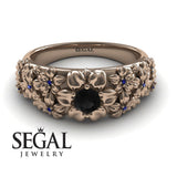 Unique Engagement Ring Diamond ring 14K Rose Gold Flowers Vintage Antique Black Diamond With Sapphire 