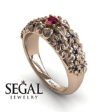 Unique Engagement Ring Diamond ring 14K Rose Gold Flowers Vintage Antique Ruby With Sapphire 