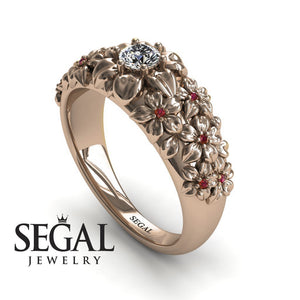 Unique Engagement Ring Diamond ring 14K Rose Gold Flowers Vintage Antique Diamond With Ruby 