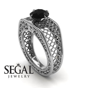 Unique Engagement Ring Diamond ring 14K White Gold Art Deco Black Diamond With Diamond 