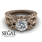 Unique Engagement Ring Diamond ring 14K White Gold Art Deco FiligreeDiamond With Black Diamond 