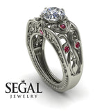 Unique Engagement Ring Diamond ring 14K White Gold Art Deco FiligreeDiamond With Ruby 