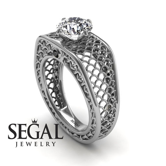 Unique Engagement Ring Diamond ring 14K White Gold Art Deco Diamond With Black Diamond 