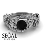Unique Engagement Ring Diamond ring 14K White Gold Floral And Leafs Black Diamond With Diamond 