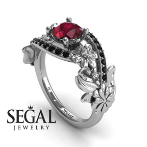 Unique Engagement Ring Diamond ring 14K White Gold Floral And Leafs Ruby With Diamond And Black Diamond 