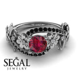 Unique Engagement Ring Diamond ring 14K White Gold Floral And Leafs Ruby With Diamond And Black Diamond 