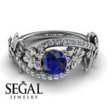 Unique Engagement Ring Diamond ring 14K White Gold Floral And Leafs Sapphire With Diamond 