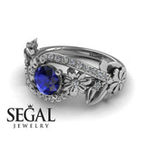 Unique Engagement Ring Diamond ring 14K White Gold Floral And Leafs Sapphire With Diamond 