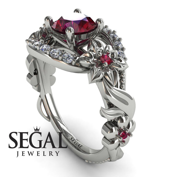 Unique Engagement Ring Diamond ring 14K White Gold Floral And Leafs Vintage Ruby With Diamond 