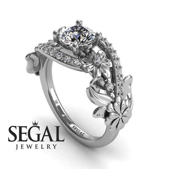 Unique Engagement Ring Diamond ring 14K White Gold Floral And Leafs Diamond With Diamond 