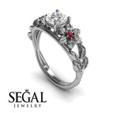 Unique Engagement Ring Diamond ring 14K White Gold Floral Flowers And Leafs Vintage Art Deco Diamond With Ruby 