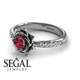 Unique Engagement Ring Diamond ring 14K White Gold Flower Vintage Antique Ruby With Ruby 