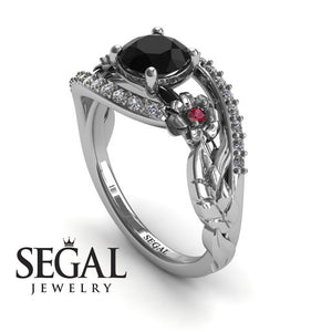 Unique Engagement Ring Diamond ring 14K White Gold Flowers And Leafs Black Diamond With Ruby And White diamond 